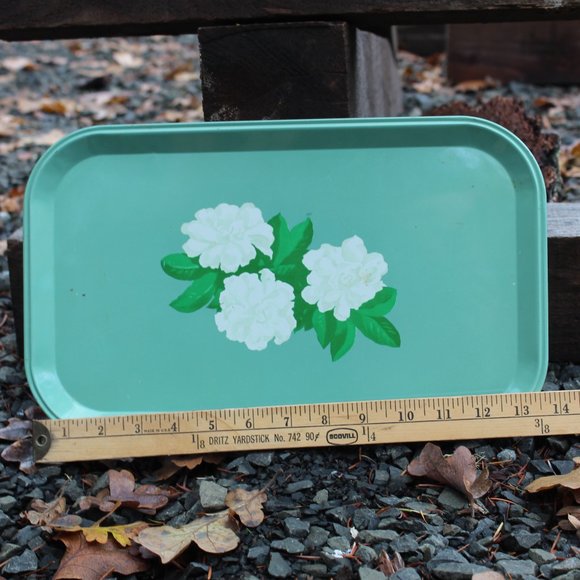 Vintage Tin Litho Serving TV Tray, Jade, Mint, Green, Camellia Blossom Design - Picture 7 of 14
